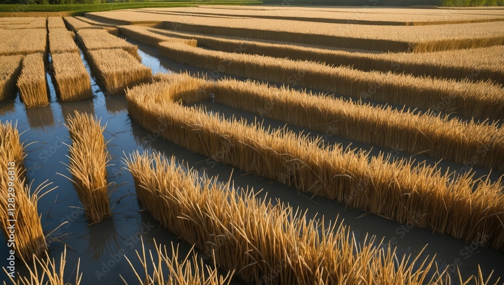 Poster rice fields with golden crop patterns and water reservoirs in a rural landscape during sunset