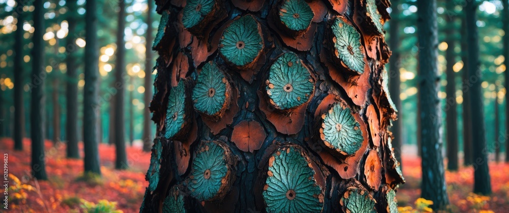 Poster Close-up of textured tree bark with green and brown patterns in a forest setting during autumn foliage