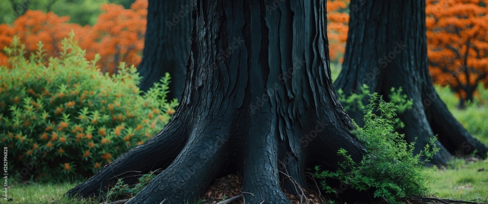 Poster old trees with textured bark in a forest setting surrounded by vibrant green foliage and orange flow