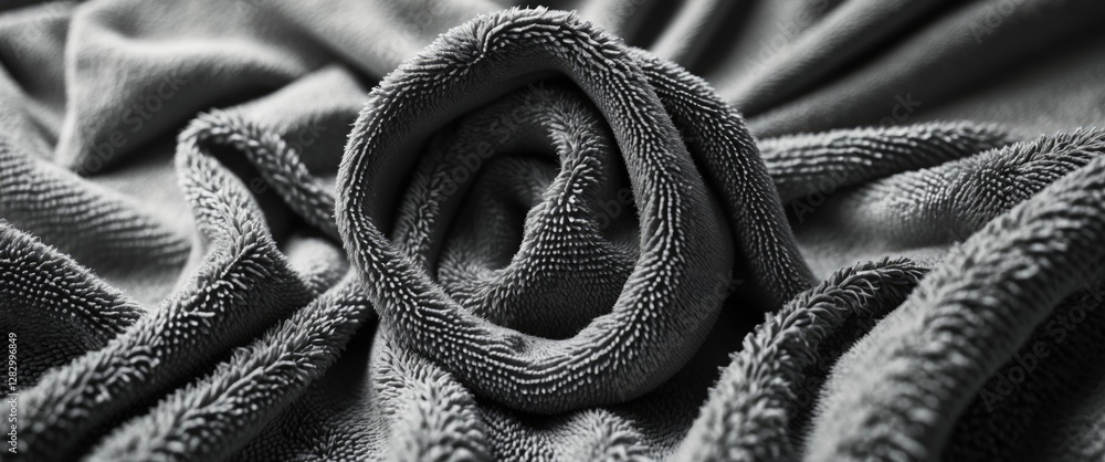 Fototapete Textured gray fabric rolled in a circular pattern with soft fibers and folds in a close-up macro photography style.