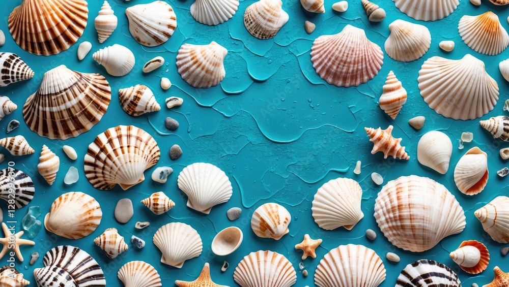 Poster vibrant turquoise background with an array of sea shells and pebbles creating a picturesque coastal 