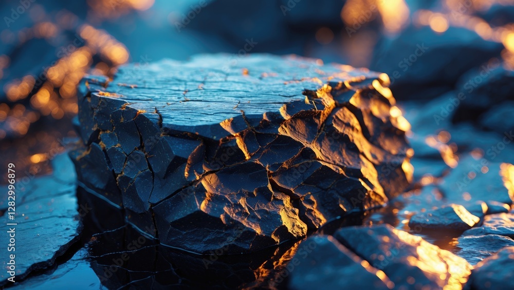 Aufkleber Close-up view of a textured rock with intricate patterns illuminated by natural light on a rocky surface