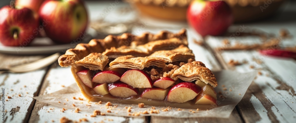 Aufkleber freshly baked apple pie slice with flaky crust on wooden table, surrounded by whole apples and crumb