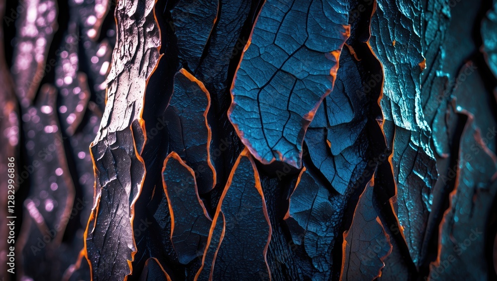 Poster textured closeup of dark bark with shiny reflections showcasing intricate details and colors in natu