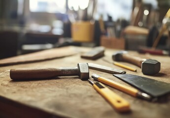 Woodworking tools arrangement workshop still life indoor close-up craftsmanship essentials for diy projects