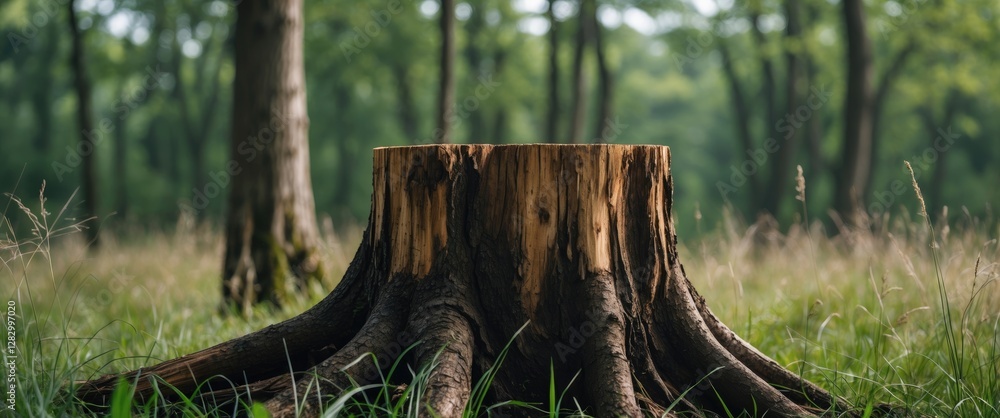 Poster tree stump with exposed roots surrounded by green grass in a forest landscape during daytime
