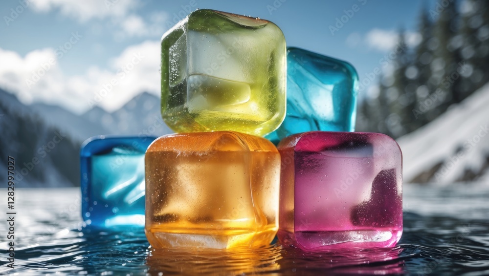 Poster colorful ice cubes stacked on a reflective surface with a blurred natural landscape in the backgroun