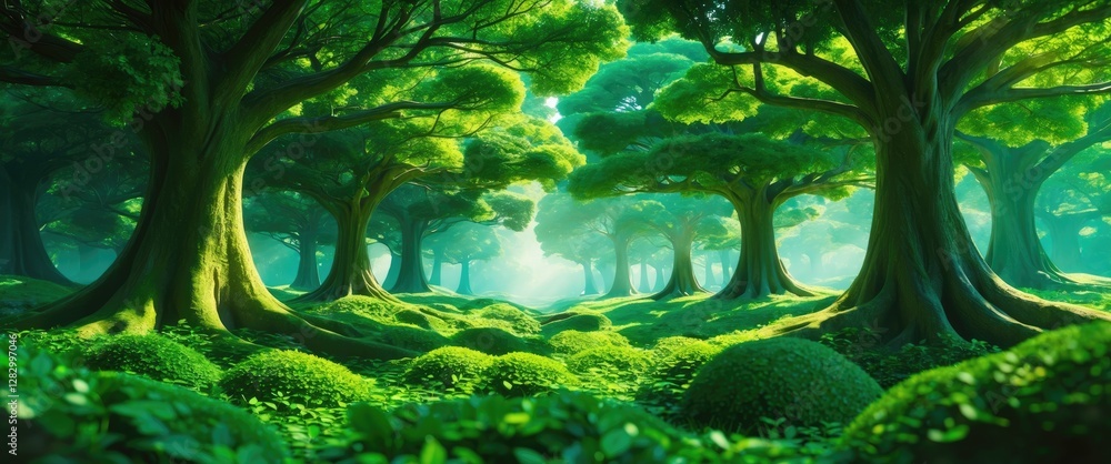 Poster lush green forest landscape with tall trees and vibrant foliage illuminated by soft light and dense 