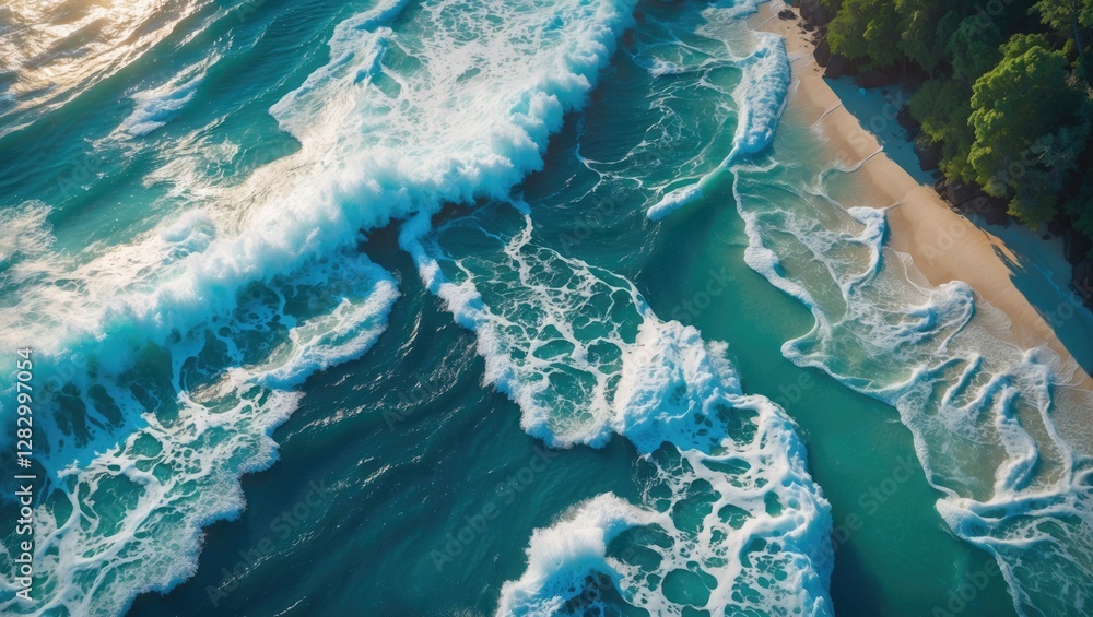 Poster aerial view of frothy ocean waves crashing on sandy beach with lush greenery creating a serene summe