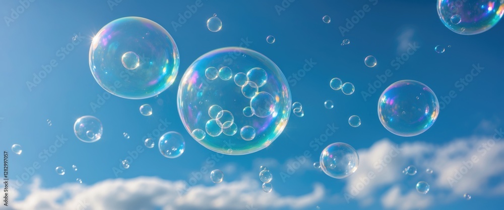 Poster colorful soap bubbles floating against a clear blue sky with cloud formations in the background duri