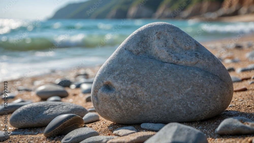 Poster large smooth stone on sandy beach with gentle waves and blurred shoreline in the background under na