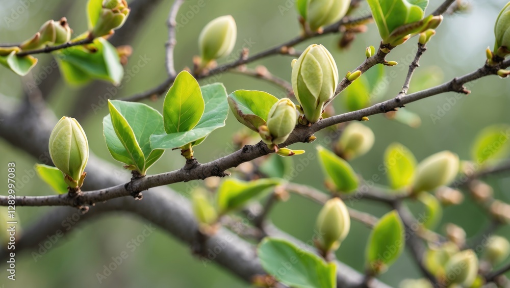Aufkleber green leaves and buds on branches of a flowering tree in early spring with a blurred background