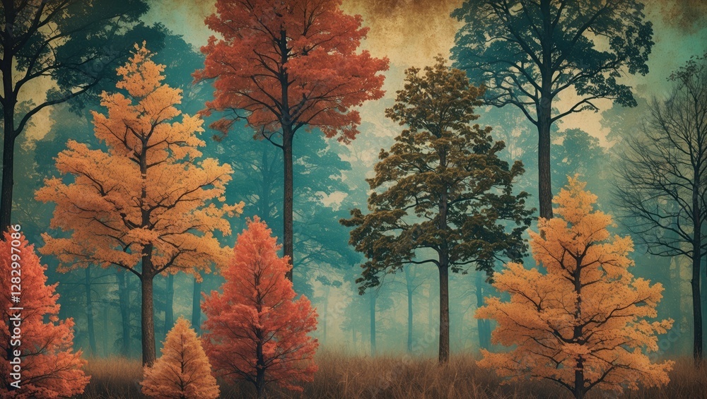 Poster autumn forest landscape with colorful foliage including red and orange trees in a misty environment