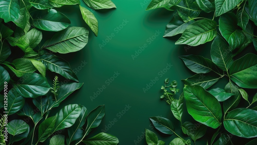 Poster assorted green leaves arranged around a dark green background creating a natural frame for various designs and layouts
