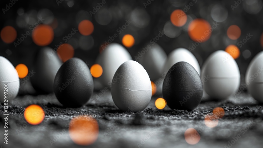 Poster abstract monochrome egg arrangement with blurred bokeh lights creating a soft artistic background in
