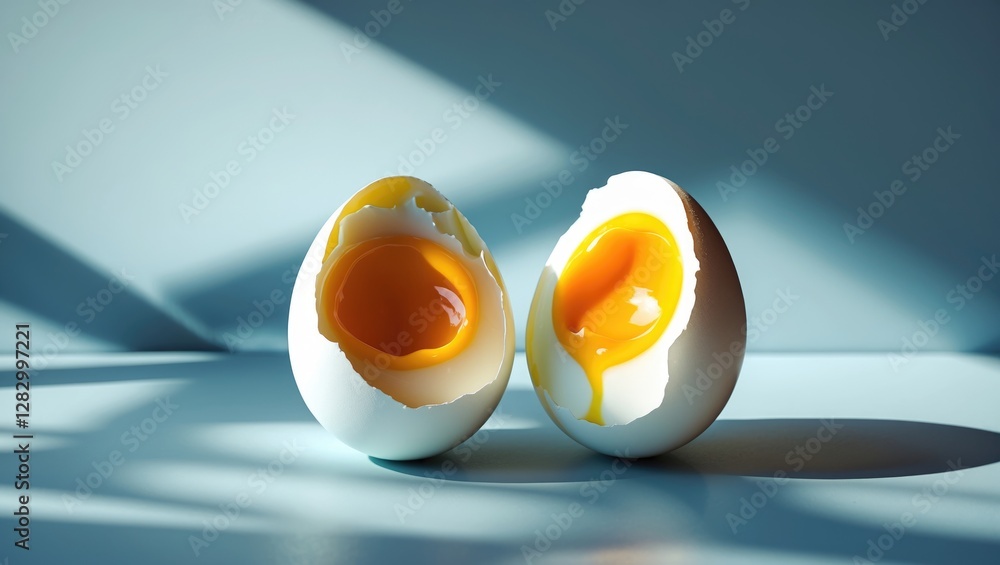 Poster artistic composition of broken eggs showcasing vivid yolks with dynamic shadows and highlights again