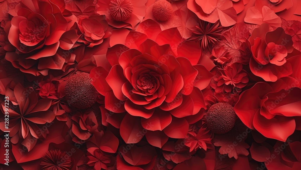 Poster vibrant abstract composition of red paper flowers creating a rich textured background ideal for desi