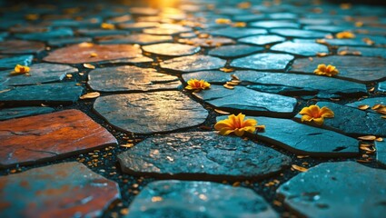 Obraz premium Colorful stones with wet surface and scattered yellow flowers and petals in a tranquil outdoor setting.