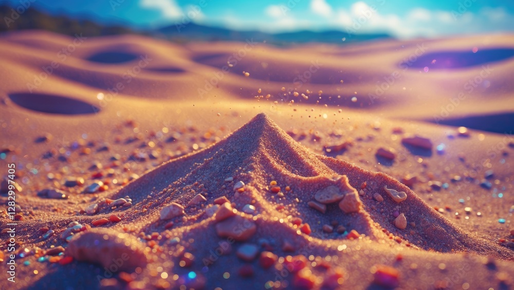 Poster close-up of colorful sand dunes with sparkling particles and small stones in a desert landscape duri