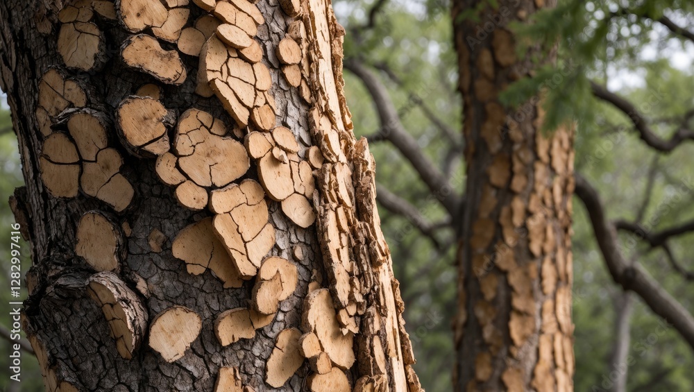 Poster Textured bark of trees with uneven surface in a natural setting showcasing layers and patterns of tree skin.