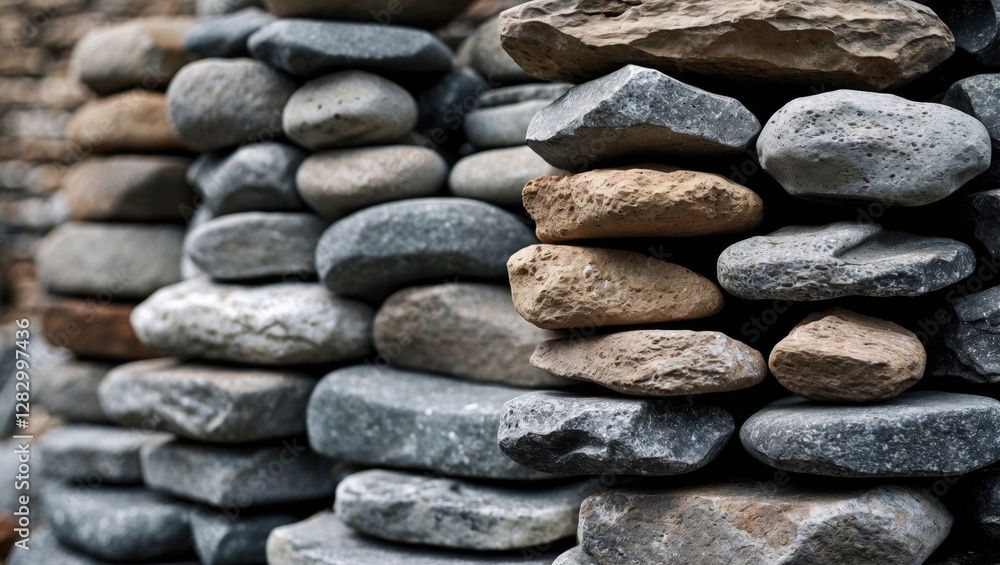 Poster closeup of stacked river stones in varying sizes and colors showcasing natural textures and patterns