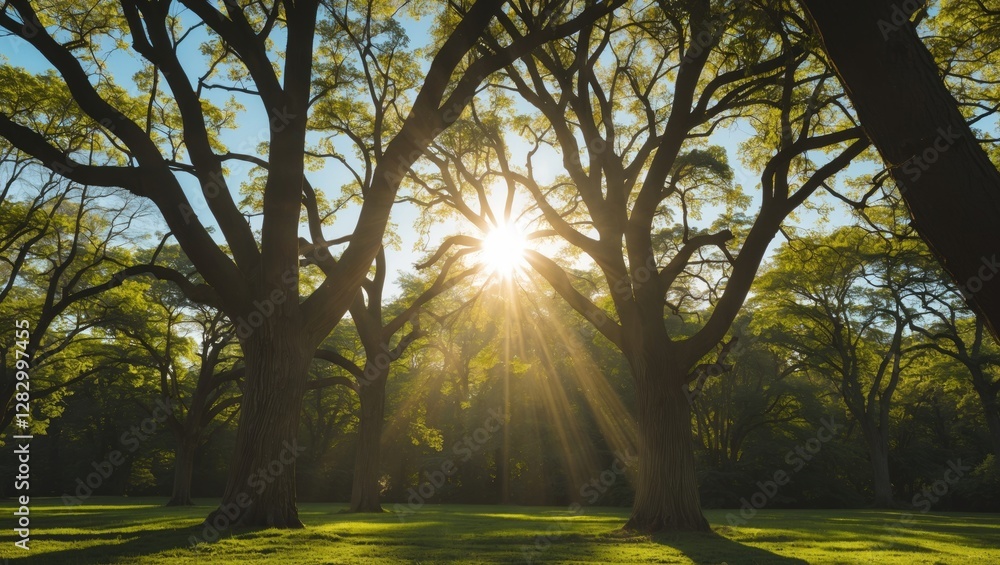 Aufkleber Sunlight filtering through tall trees in a green park creating a natural light rays effect on grass ground in a serene landscape setting.