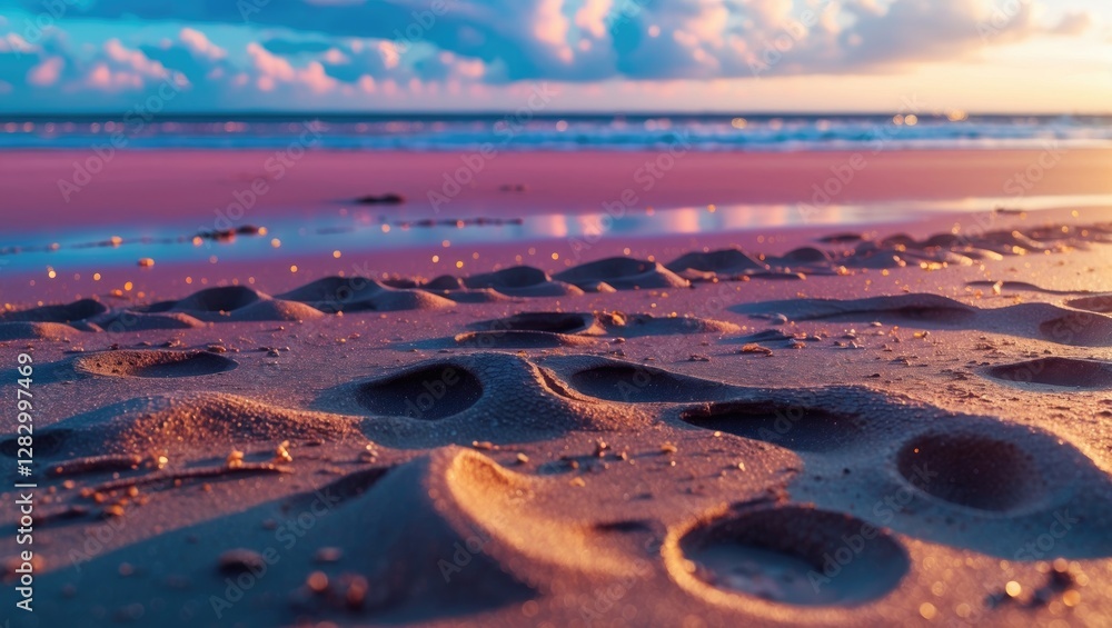 Poster sand texture on beach at sunset with soft waves and colorful sky in the background