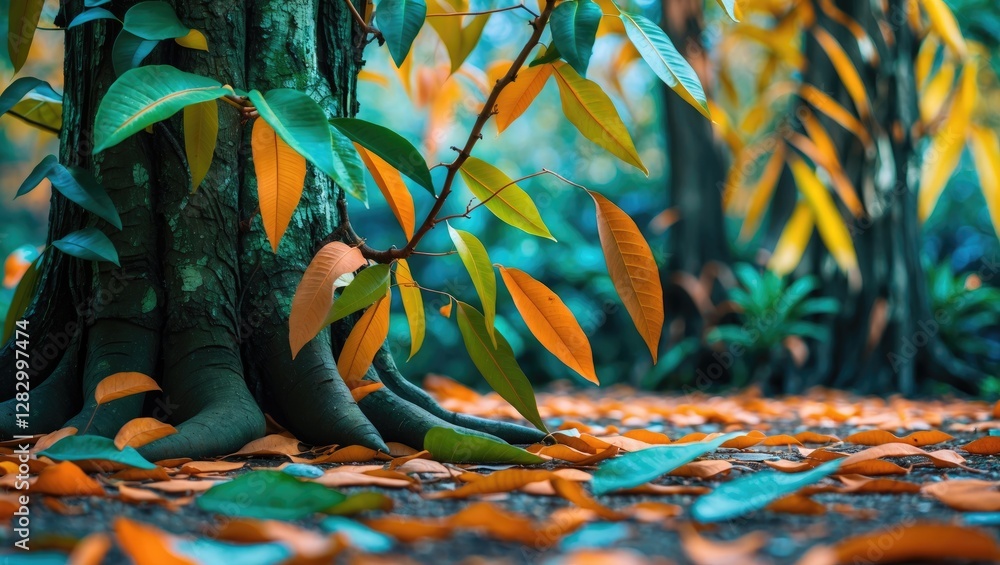 Poster Tree trunk with colorful leaves in a forest setting during autumn with vibrant orange and green foliage on the ground.