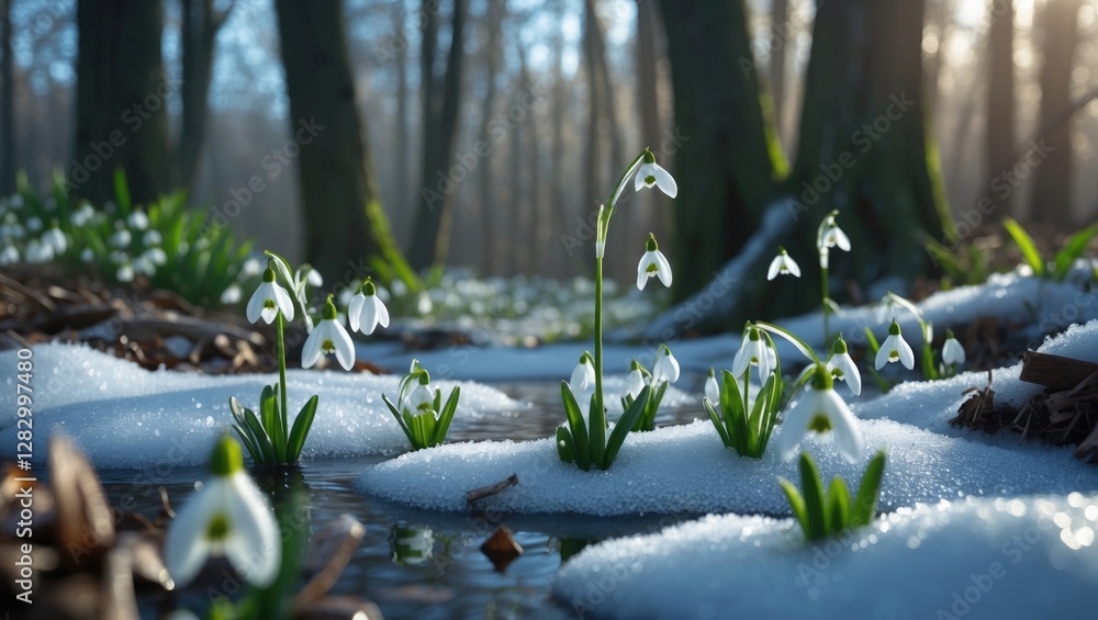 Aufkleber Snowdrop flowers emerging from snow in a forest landscape during early spring with soft sunlight filtering through trees.