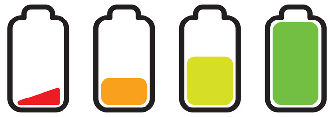 Battery charge many color flat icons. Battery charging, charge indicator. Vector battery power icon powerfully charged. Vector illustration.