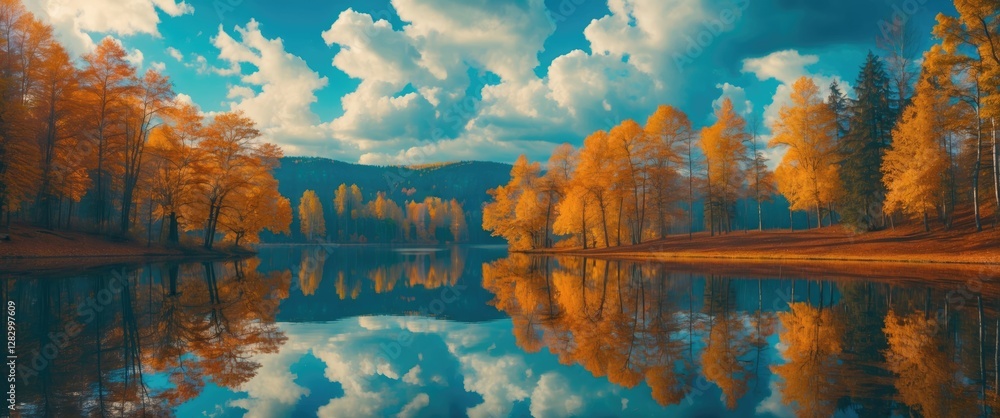 Poster Autumn landscape with colorful trees reflecting on a calm lake under a blue sky with scattered clouds in a serene natural setting