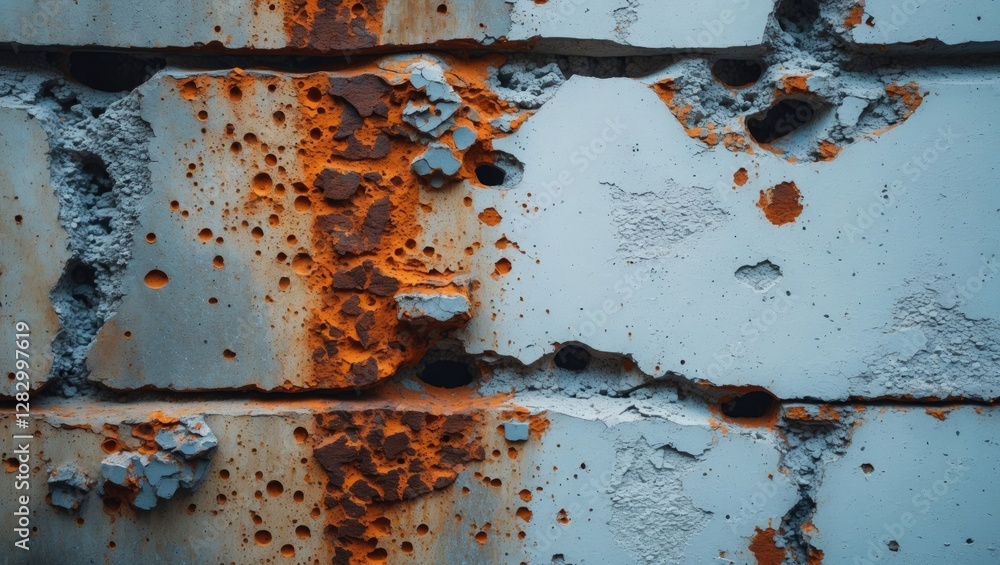 Poster Detailed close-up of weathered and rusty metal surface with peeling paint and corrosion patterns against a textured background.