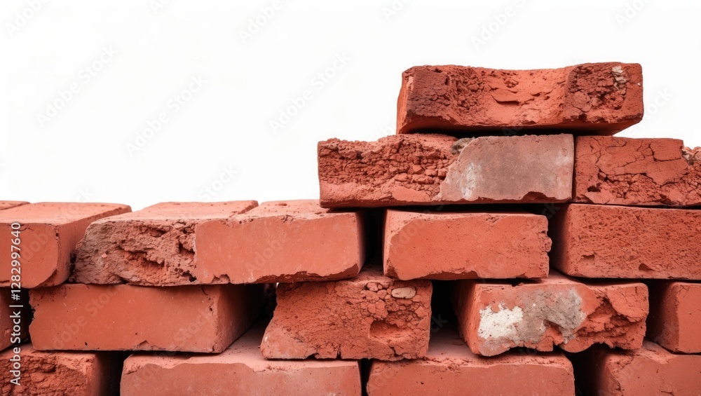 Aufkleber stacked red bricks with rough texture and varying shapes placed against a white background