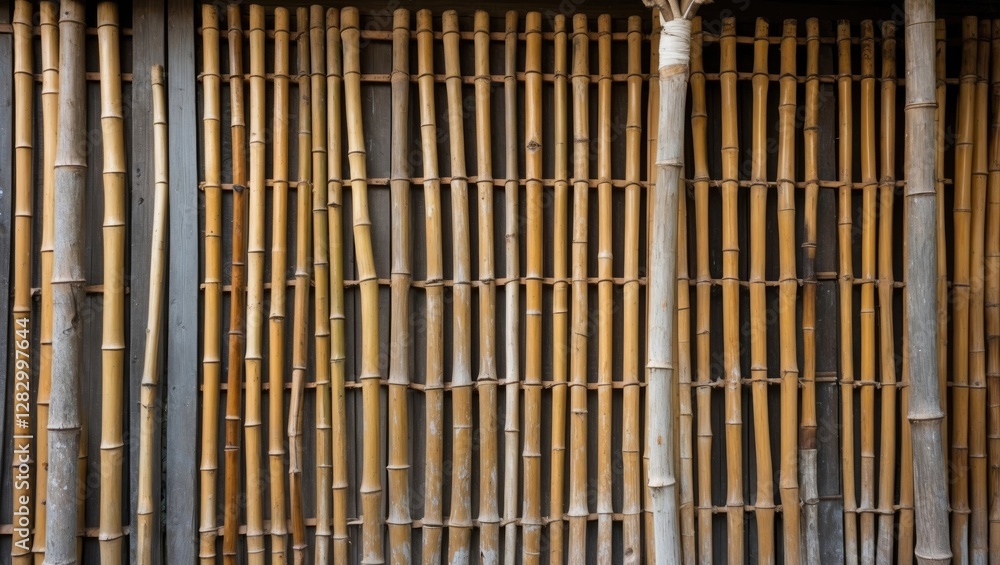 Aufkleber Bamboo fence texture background with vertical and horizontal bamboo stalks arranged in a rustic pattern
