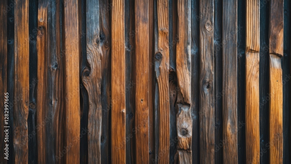 Poster wooden wall background with vertical planks in varying shades of brown and black showcasing natural 