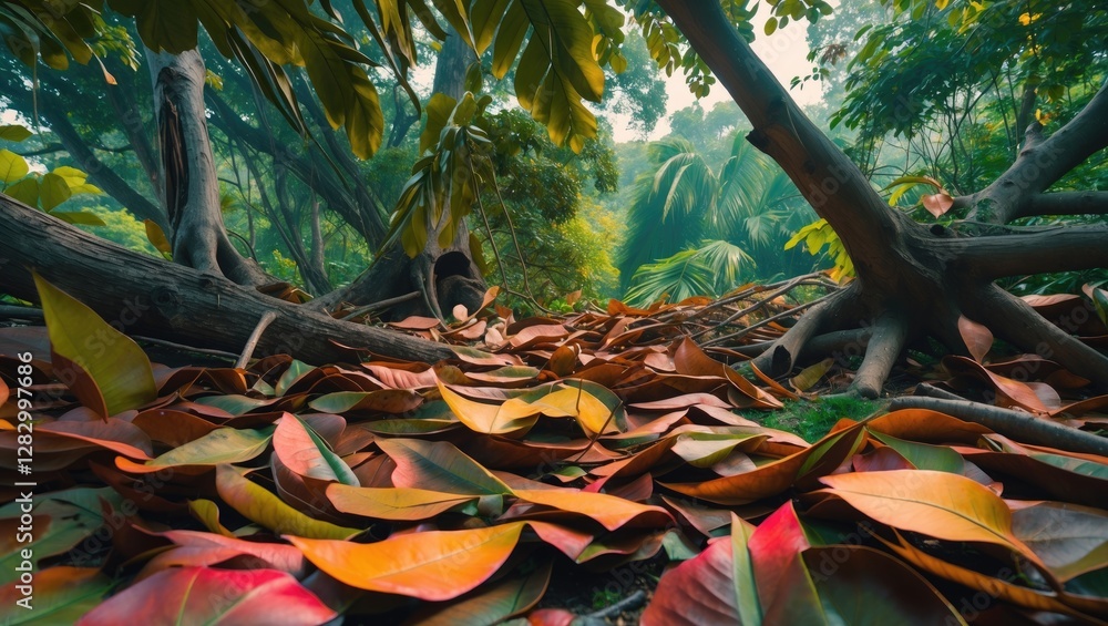 Poster forest floor covered with colorful fallen leaves surrounded by greenery and tree trunks in natural e