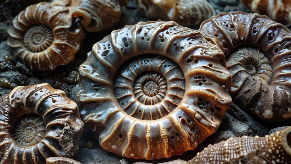 Poster fossilized ammonite shells showcasing intricate patterns and textures highlighting the beauty of anc