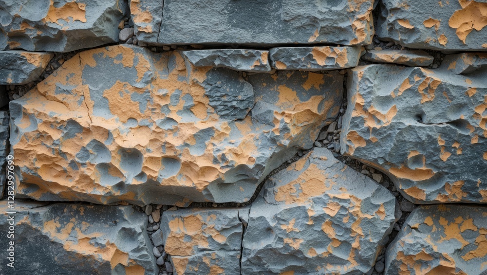 Poster Textured grey and orange stone wall surface with rough edges and uneven patterns clustered together