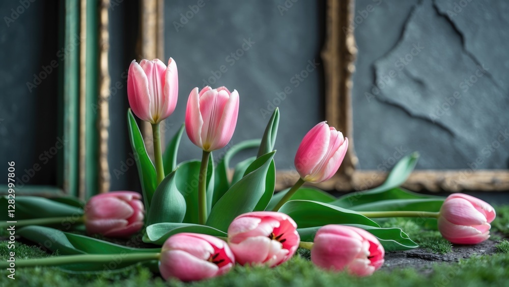 Poster pink tulips arranged with green leaves on a textured surface with vintage frames in the background