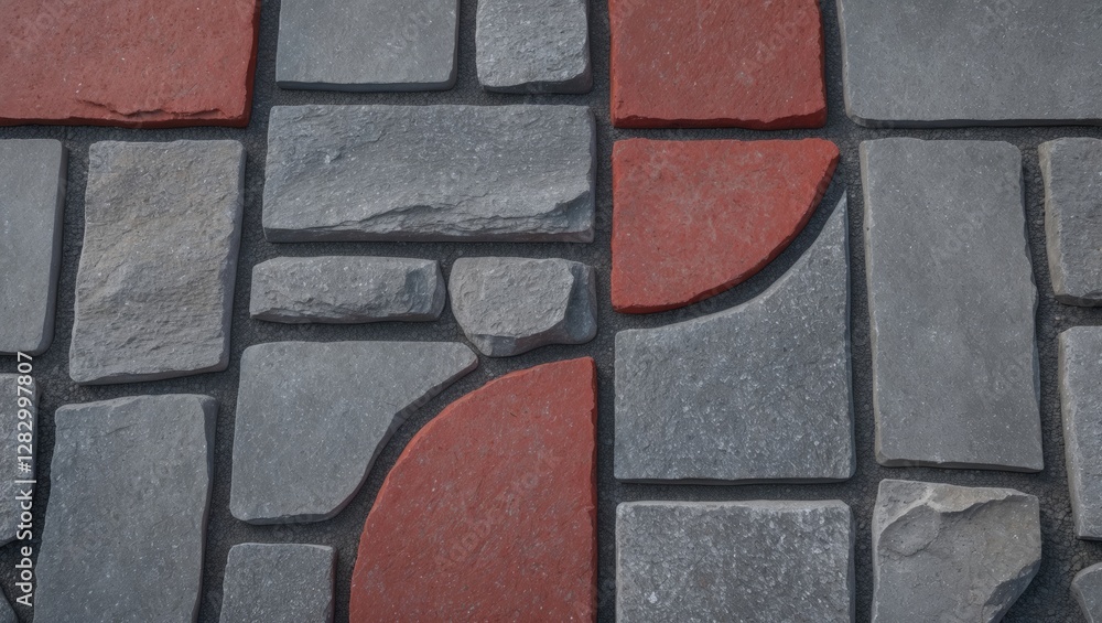 Poster Textured cobblestone pavement with a mix of gray stone and red stone patterns arranged in a geometric layout.