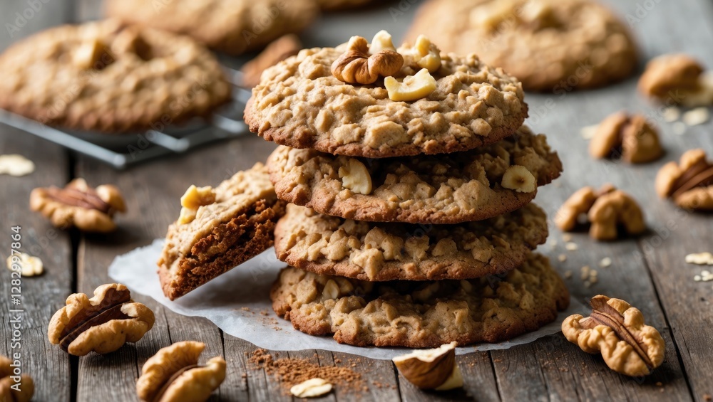 Poster Oatmeal cookies with walnuts stacked on parchment paper with broken cookie and whole walnuts on wooden table