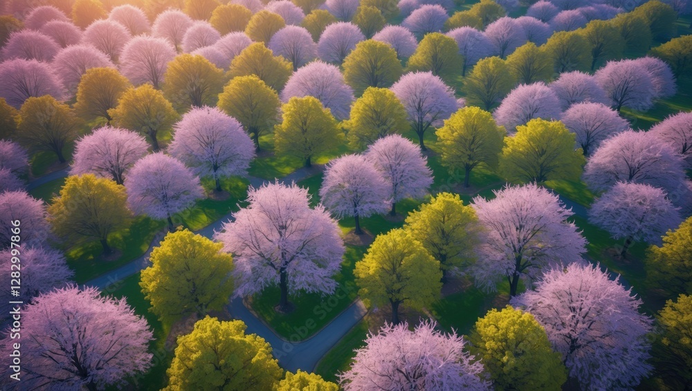 Poster aerial view of spring forest showcasing vibrant blooming trees creating a stunning natural pattern r