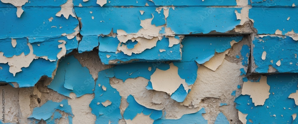 Aufkleber Peeling blue paint texture on wall with undercoat visible in worn and distressed condition