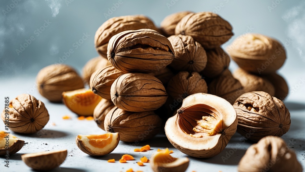 Poster stacked walnuts with one shell opened revealing the inner nut surrounded by pieces of walnut shell a