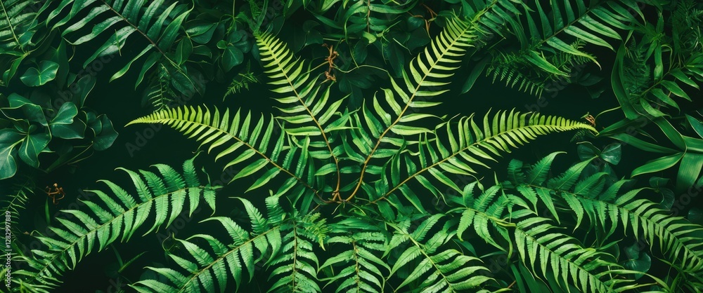 Poster lush green tropical ferns and leaves arranged in a dense natural pattern on a dark background
