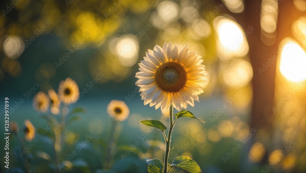 Poster bright sunflower in soft focus with warm sunlight in the background creating a serene summer atmosph