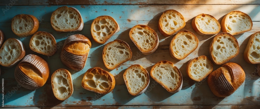 Poster sliced artisan bread arranged on a rustic wooden surface with soft natural light enhancing the textu