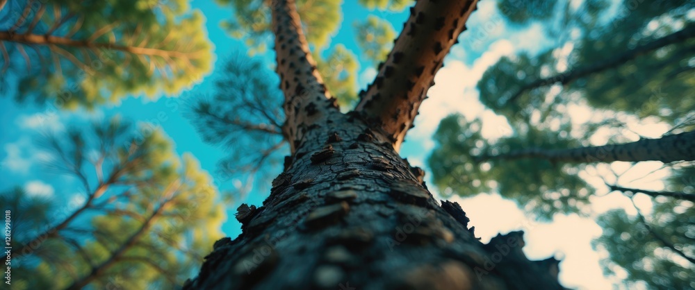 Poster low angle view of a tall pine tree trunk with green foliage against a bright blue sky.