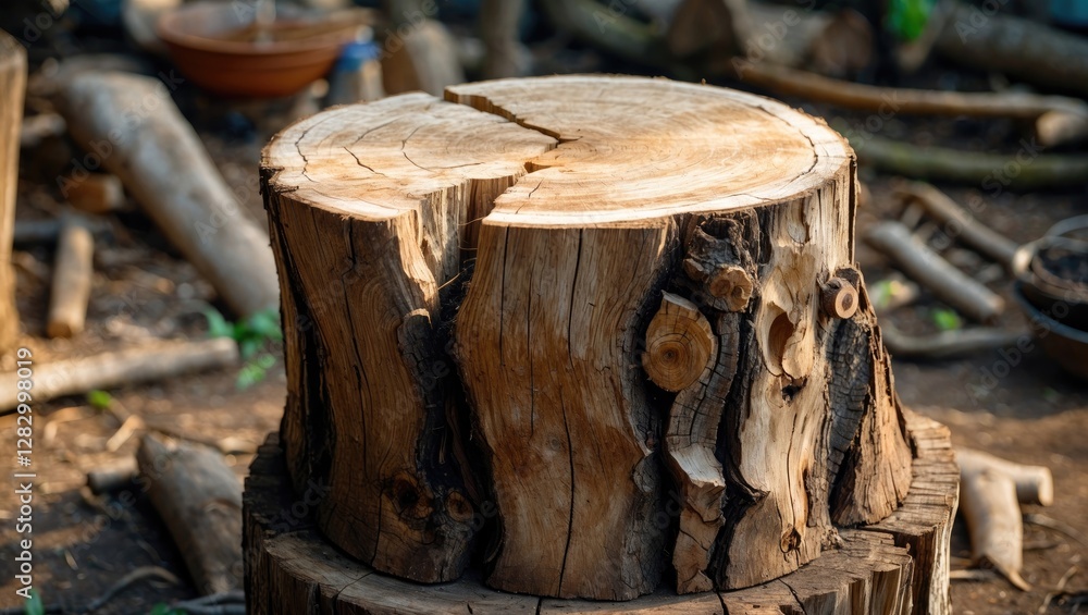 Poster wooden tree stump with visible grain and cracks placed in a natural outdoor setting surrounded by lo