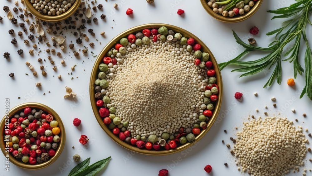 Aufkleber assorted spices and herbs in bowls with a mound of grains on a white background arranged artisticall